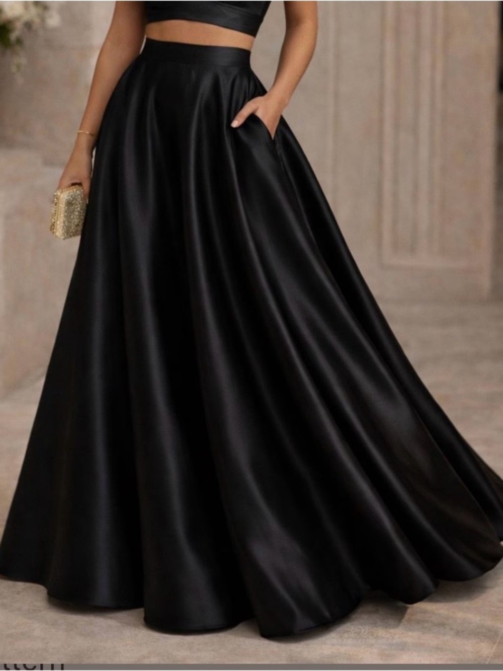 Black Satin A-Line Maxi Skirt with Pockets